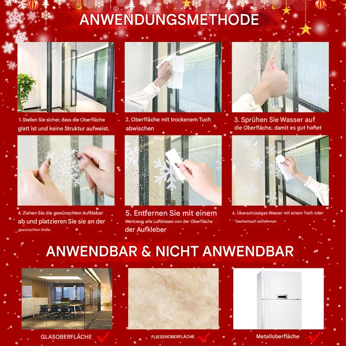 Anweisungen zum Anbringen eines Fensteraufklebers mit Bildern des Prozesses.