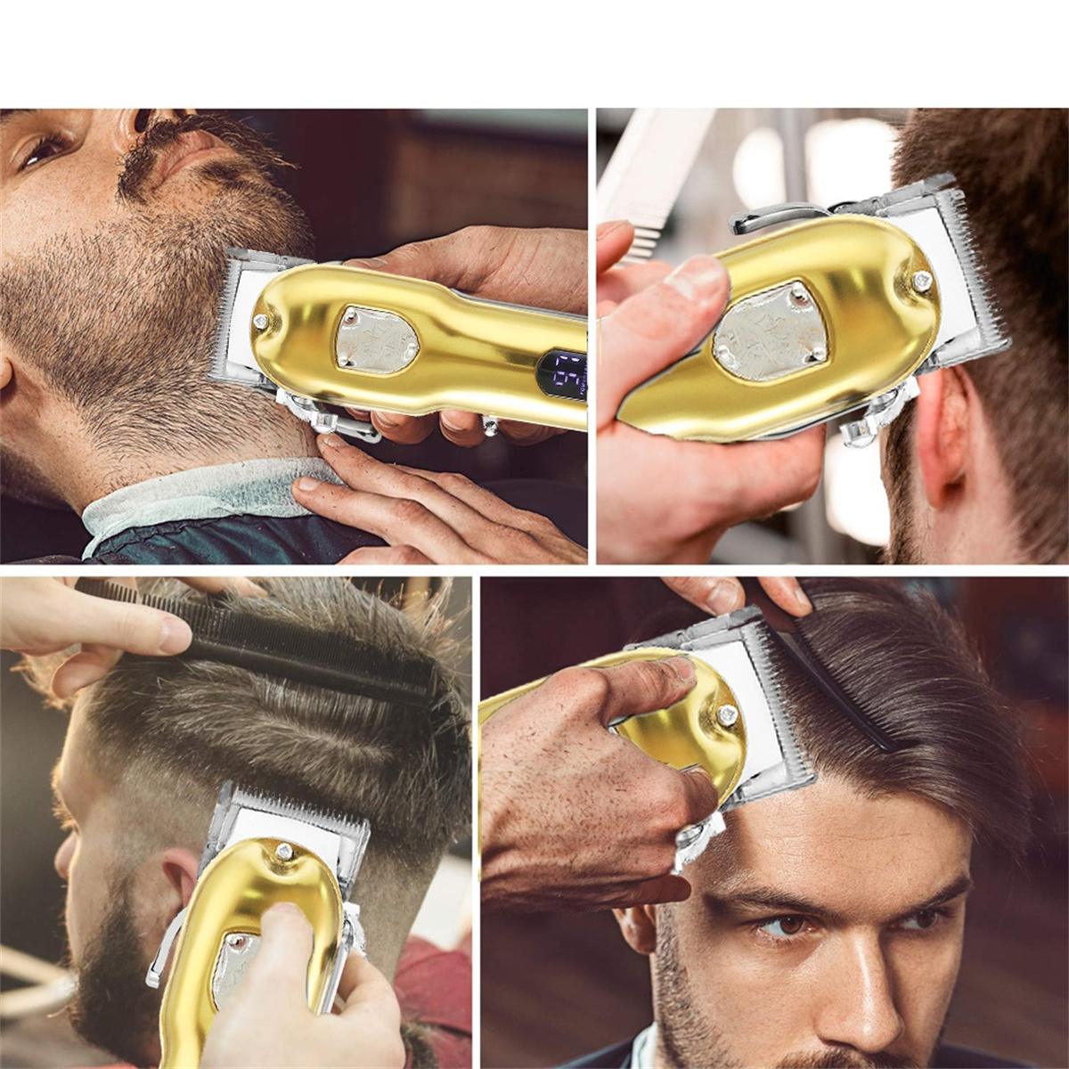 Vier Bilder zeigen Haarschneidemaschinen in Gebrauch. Eine goldene Haarschneidemaschine schneidet das Haar und den Bart eines Mannes.