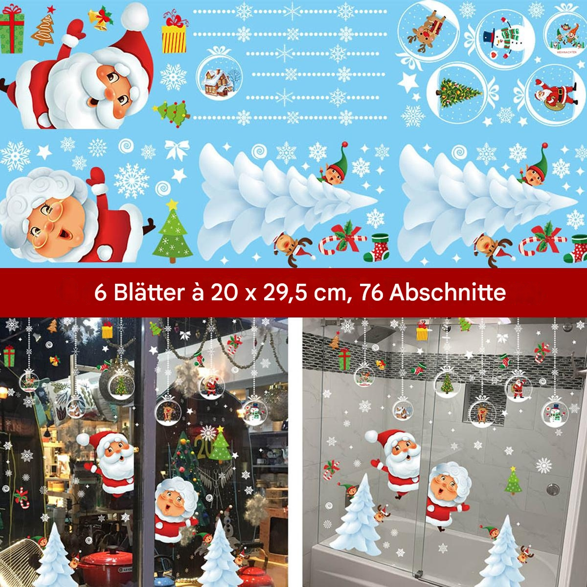 Weihnachtsdekorationen für Fenster. Weihnachtsmann und Frau Claus, Elfen, Weihnachtsbäume und Schneeflocken auf blauem Grund.