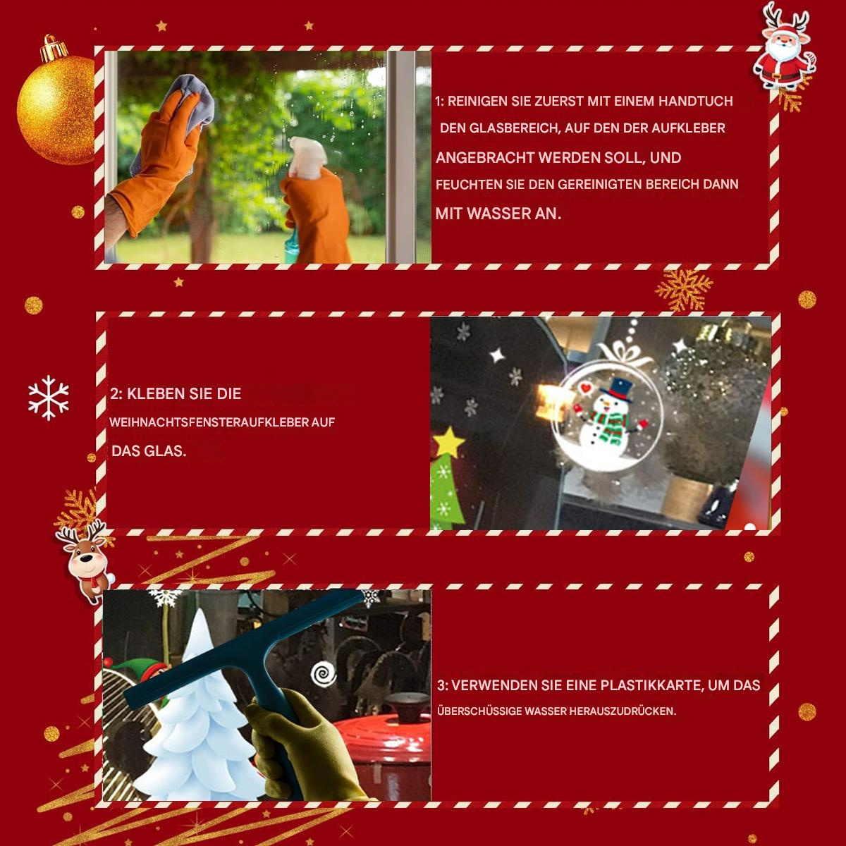Anweisungen auf rotem Hintergrund zum Anbringen von Weihnachtsfensteraufklebern, mit Illustrationen.