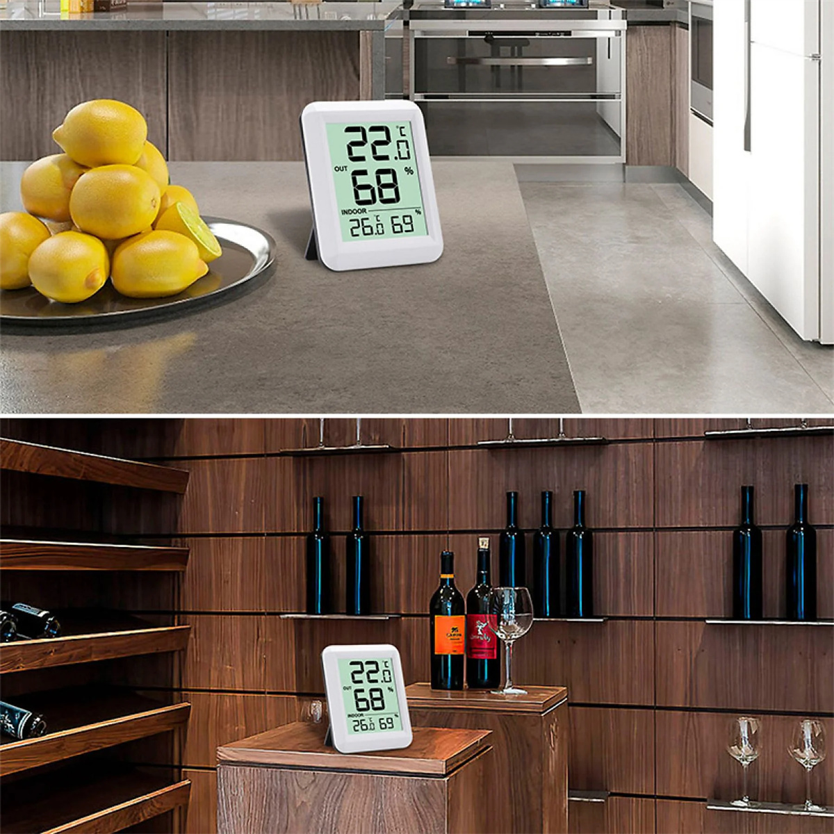 Ein digitales Thermometer mit 22°C und 68%. Zitronen in einer Silberschale und Weinflaschen sind sichtbar.