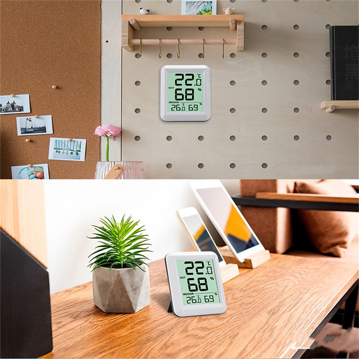 Zweiteiliges Bild: Thermometer an Wand und auf Tisch. Zeigt Temperatur und Luftfeuchtigkeit.