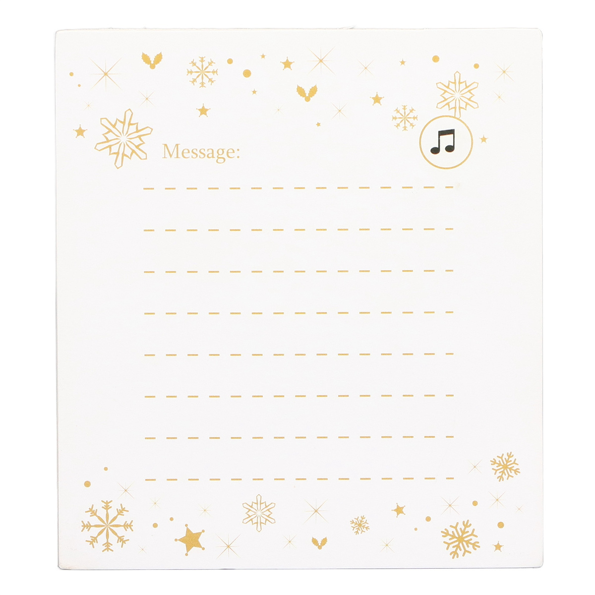 Weißes Papier mit Nachrichtenbereich und gepunkteten Linien zum Schreiben. Weihnachten thematische Schneeflocken und Noten sind drauf.