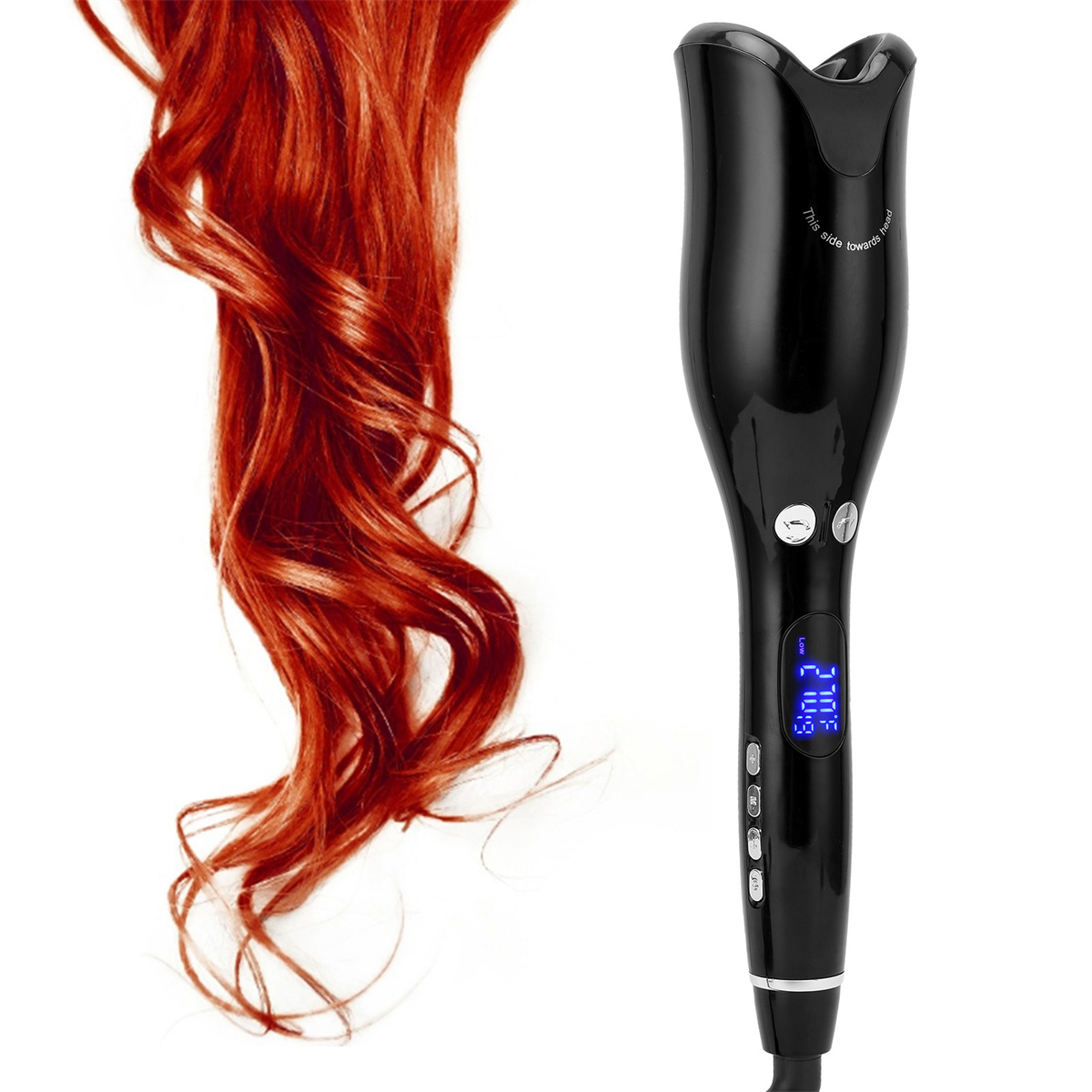 Schwarzer Haarlockenwickler mit roter Lockensträhne, weißer Hintergrund, Digitalanzeige, Knöpfe.