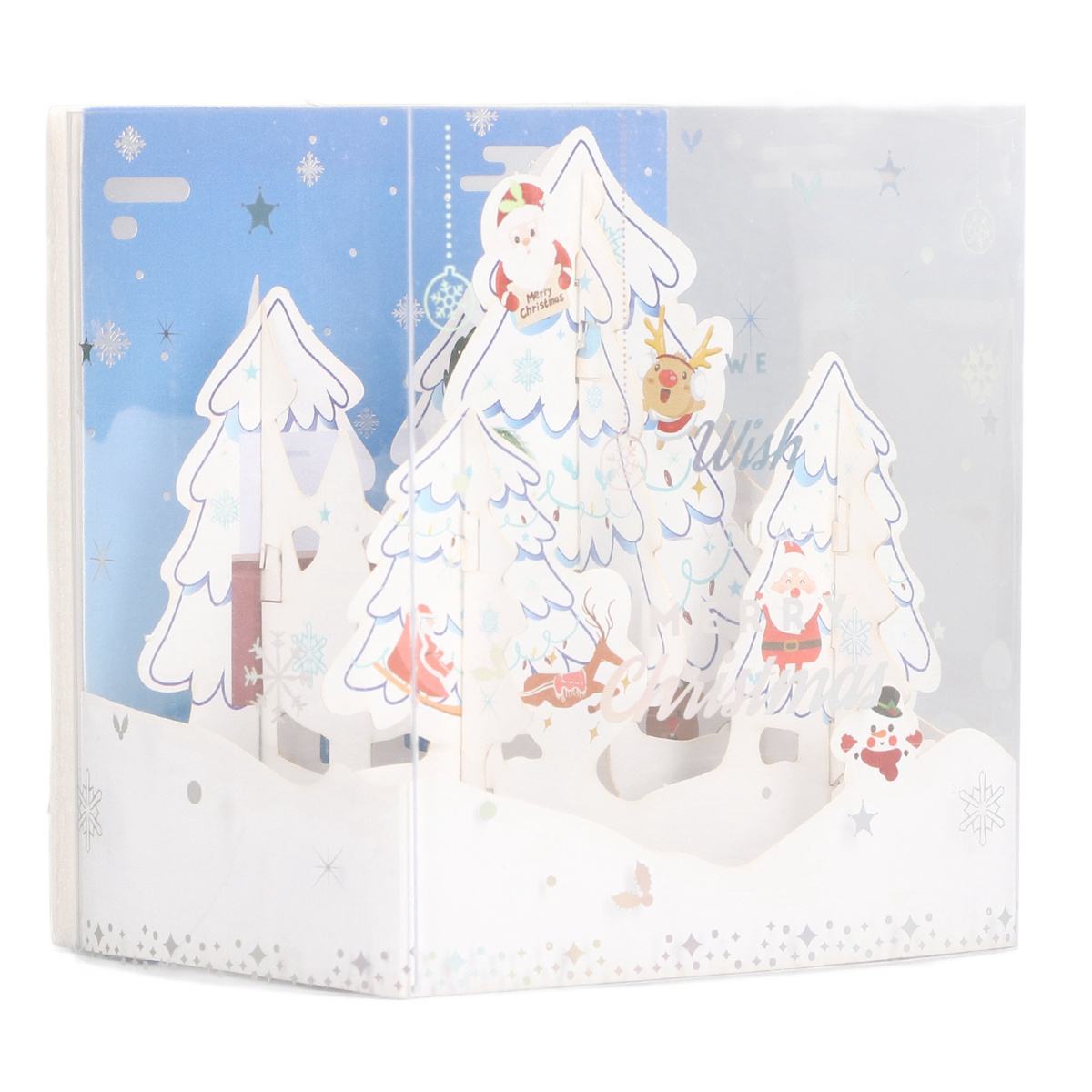 Pop-up Weihnachtskarte mit verschneiten Bäumen, Weihnachtsmann und Schneemann.