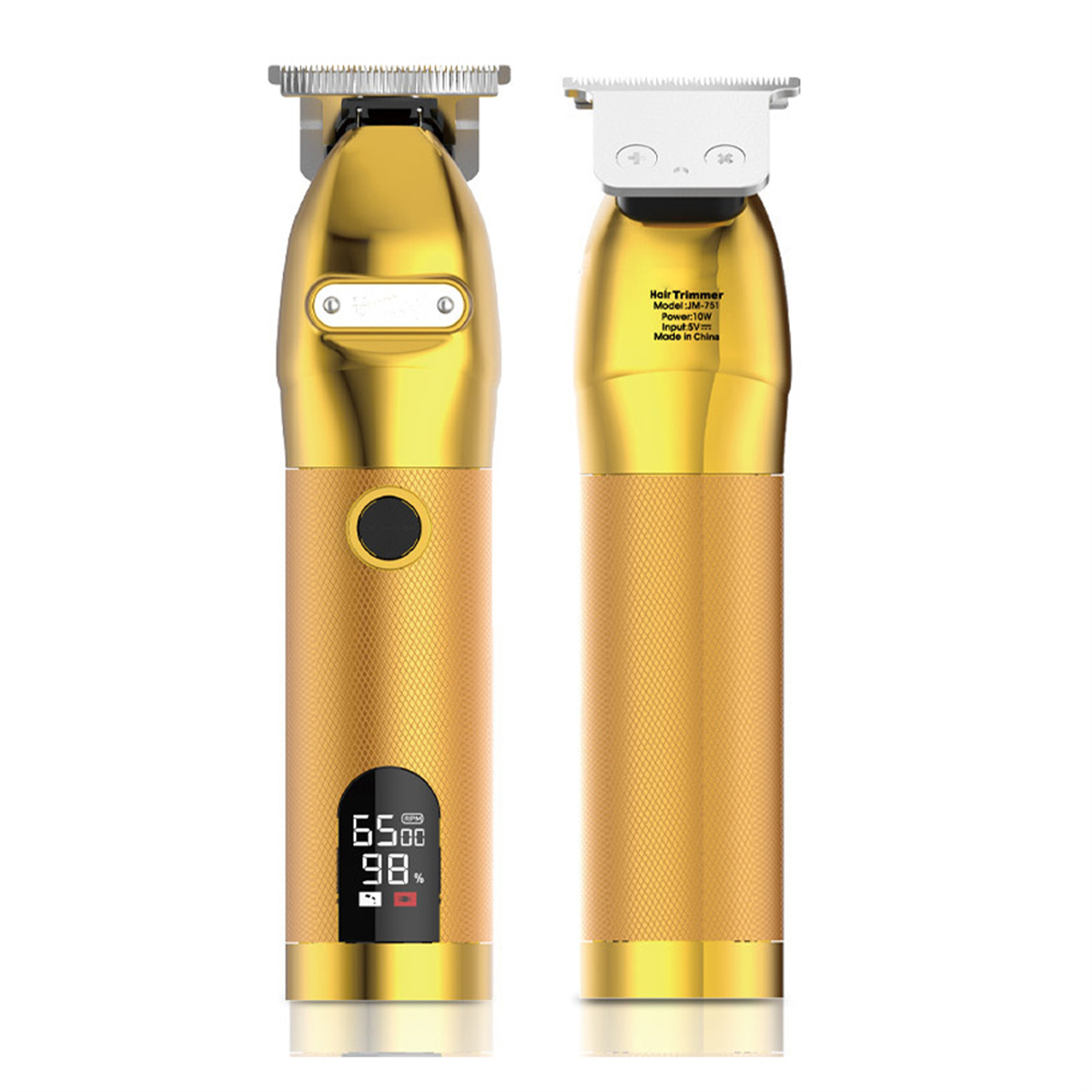 Zwei goldene Haartrimmer, einer mit Digitalanzeige '6500' und '98%', sowie ihre Klingen.