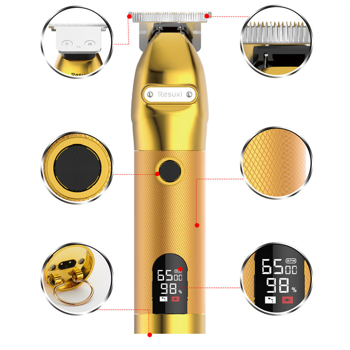 Goldfarbene Haarschneidemaschine mit Detailansichten von Klinge, Griff und Display.