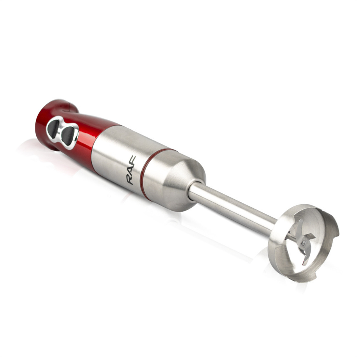 Roter und silberner Stabmixer. Weißer Hintergrund.