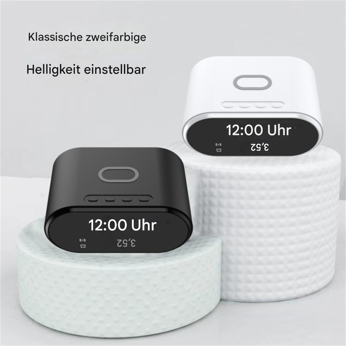 Zwei schwarz-weiße Wecker, die 12:00 Uhr anzeigen, mit einstellbarer Helligkeit.