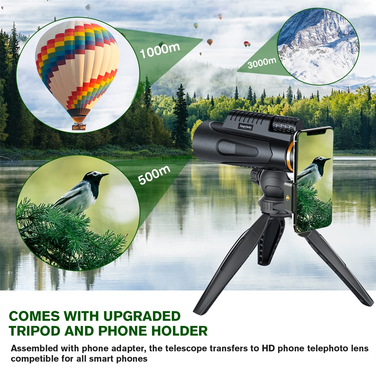 Ein Teleskop auf einem Stativ mit Telefonhalter, das einen Heißluftballon und einen Vogel in Kreisen zeigt.