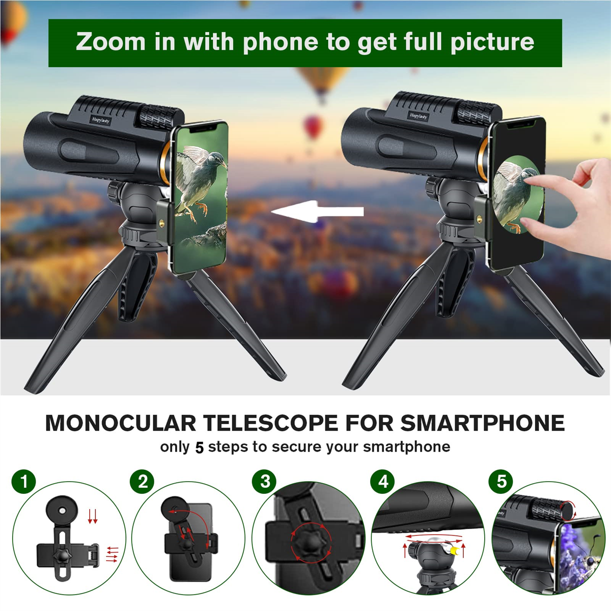 Monokularteleskop mit Smartphone. Schritte zur Sicherung des Telefons gezeigt.