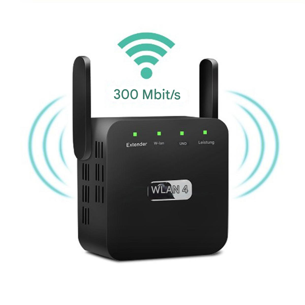 Schwarzer WLAN-Repeater mit Antennen. Der Hintergrund ist weiß.