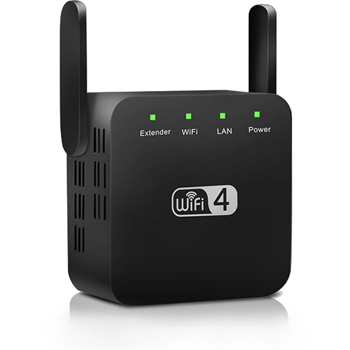Schwarzer WLAN-Extender mit drei Lichtern und zwei Antennen.