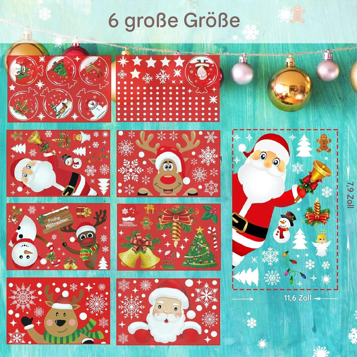 Weihnachtsaufkleberbögen mit verschiedenen festlichen Designs und einem Santa-Ausschnitt. Weißer Hintergrund.