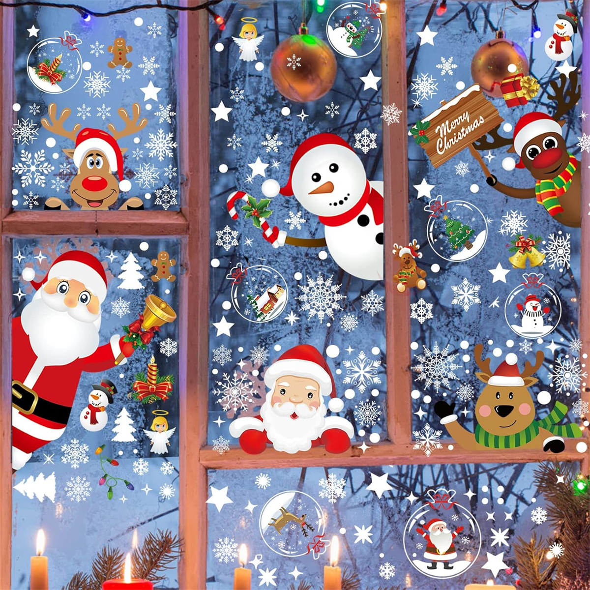 Weihnachtsfensterdekorationen mit Weihnachtsmann, Rentieren, Schneemann und Schneeflocken.