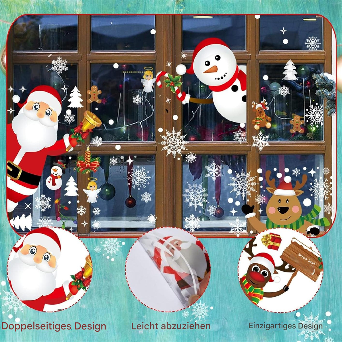 Weihnachtsdekorationen für Fenster mit Weihnachtsmann, Schneemann, Rentier und Schneeflocken.