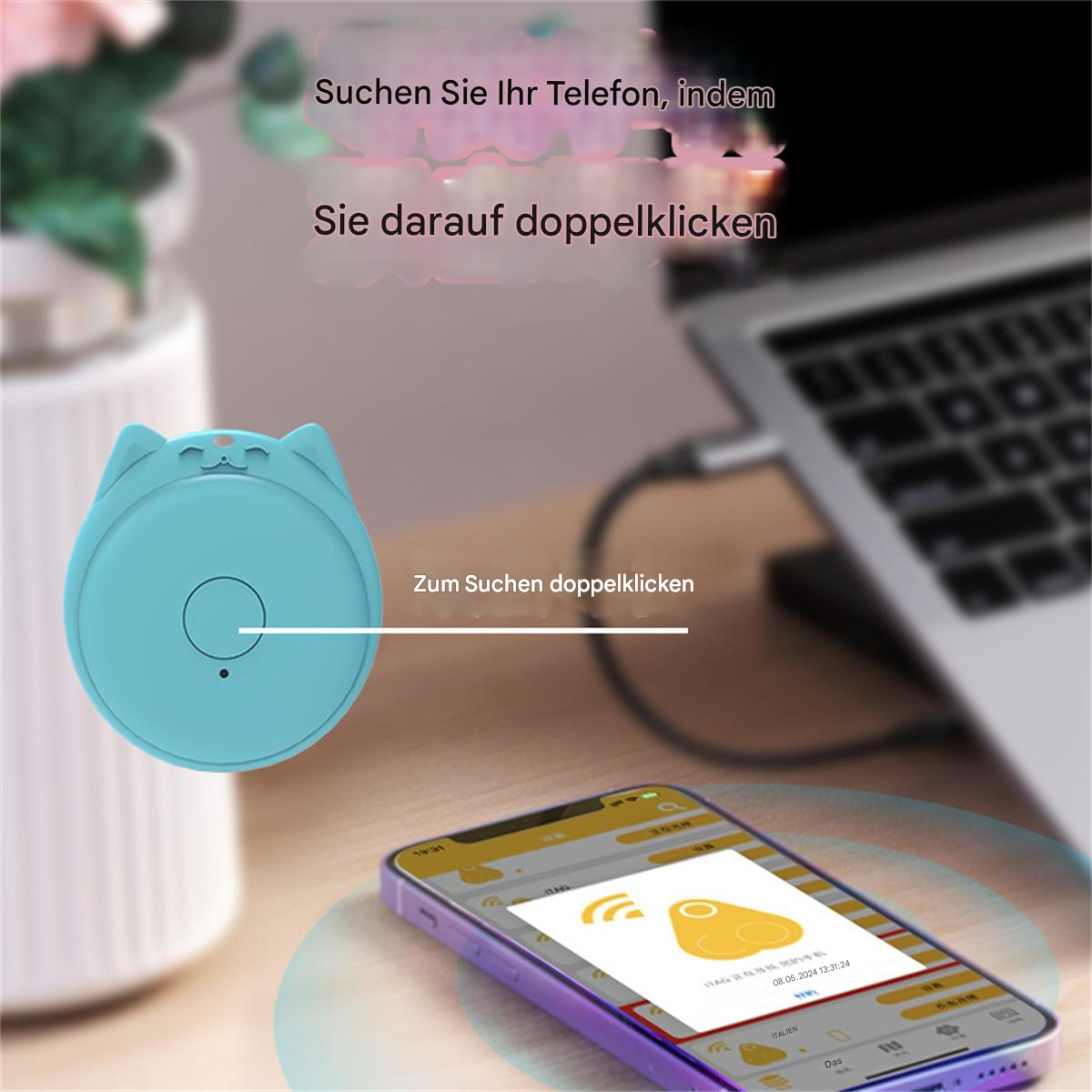 Blaues katzenförmiges Gerät mit Knopf und Smartphone-Bildschirm.