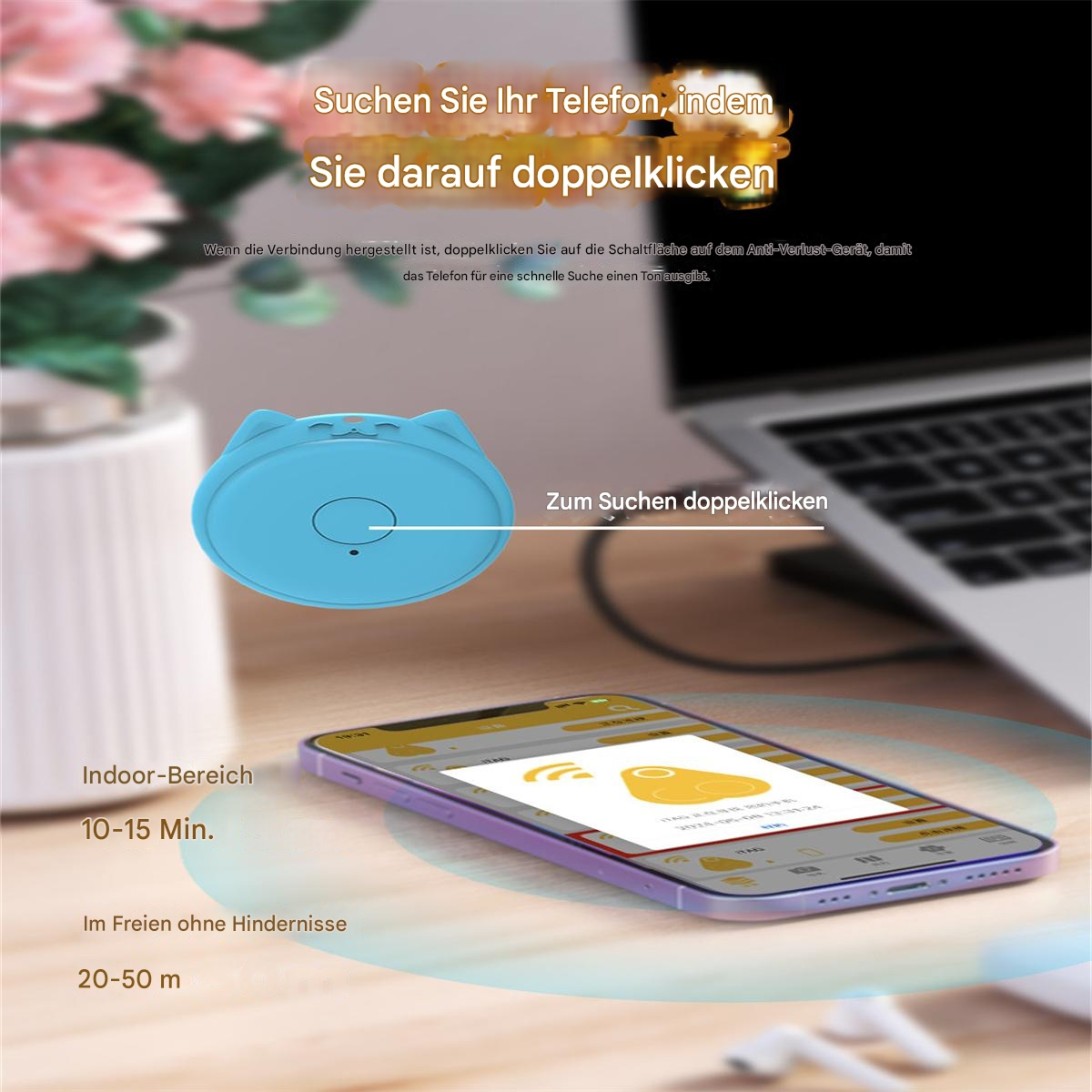 Ein blaues Ortungsgerät neben einem Telefon, das eine App anzeigt, mit Text und einem Laptop.