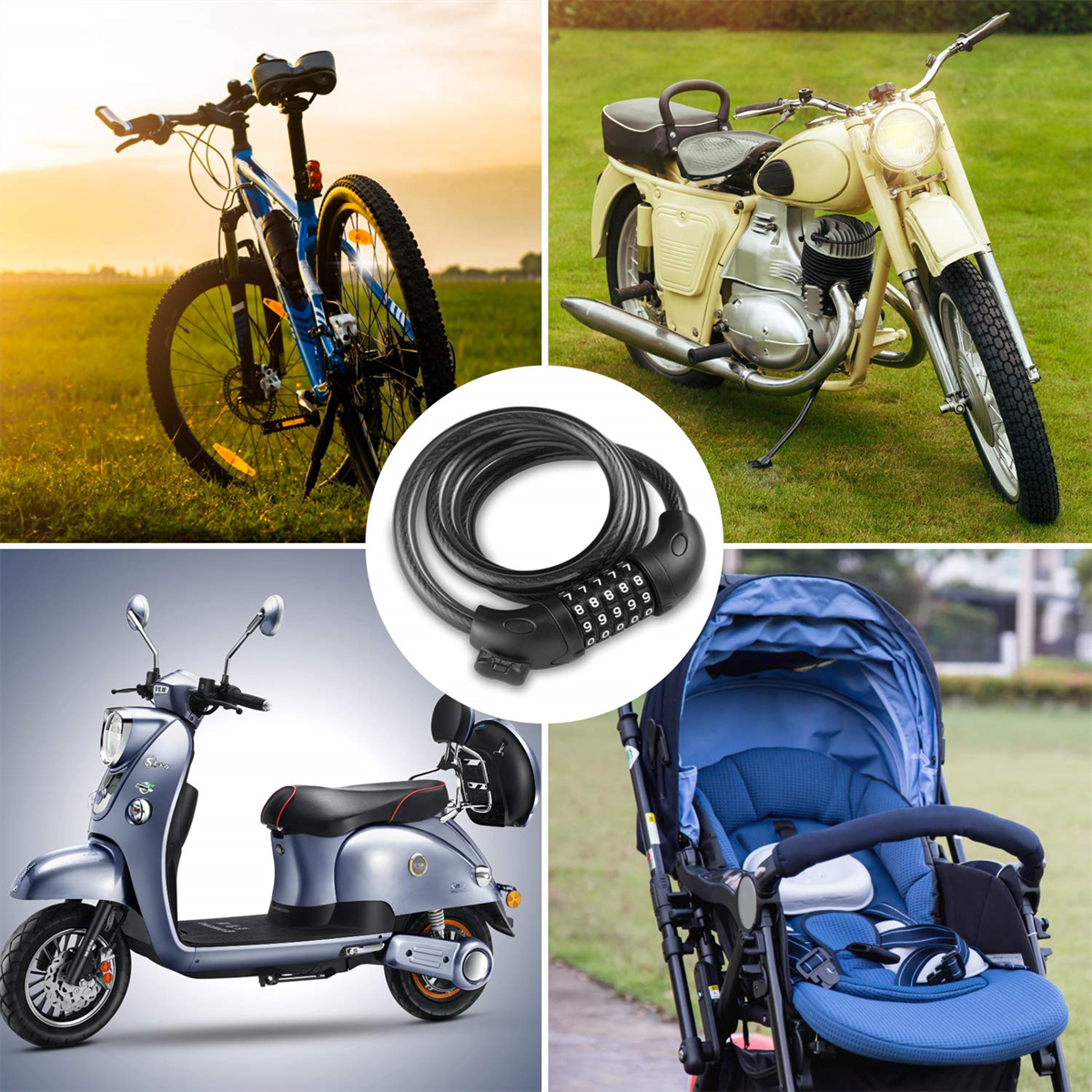 Fahrrad, Roller, Motorrad und Kinderwagen mit Schloss.