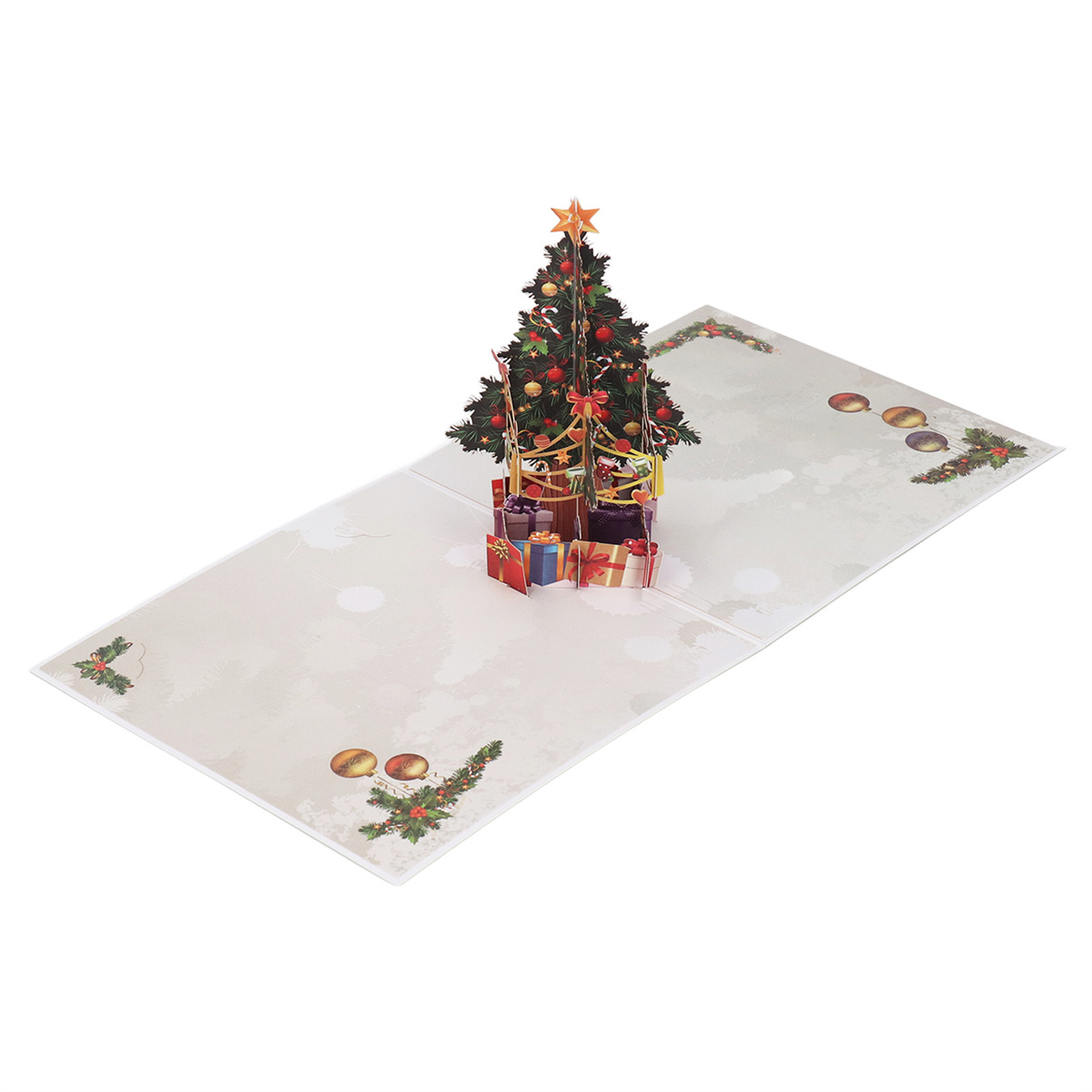 Weihnachts-Pop-up-Karte mit dekoriertem Baum und Geschenken. Weißer Hintergrund mit Ornamenten.