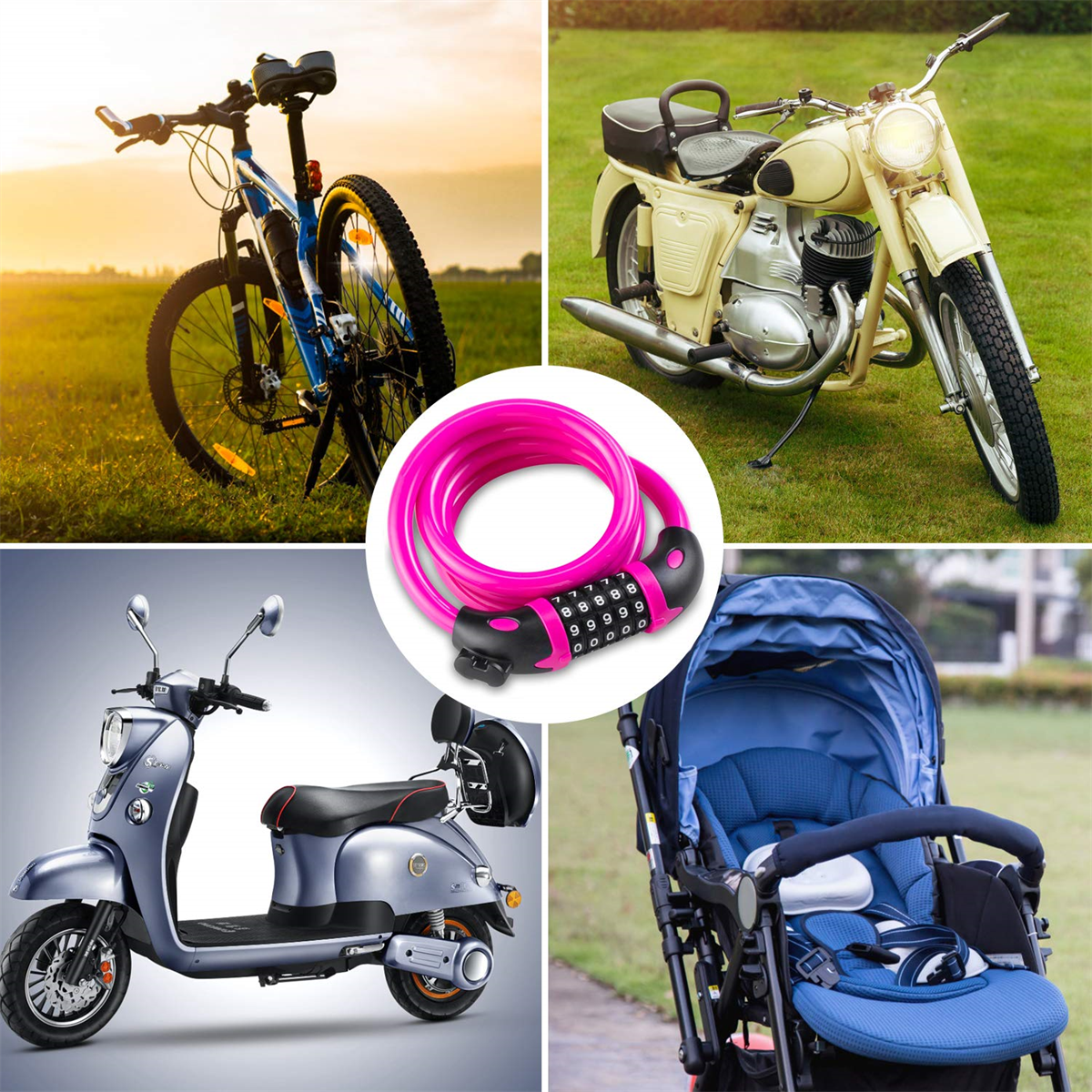 Ein Fahrrad, ein Motorrad, ein Roller und ein Kinderwagen mit einem rosa Fahrradschloss in der Mitte.