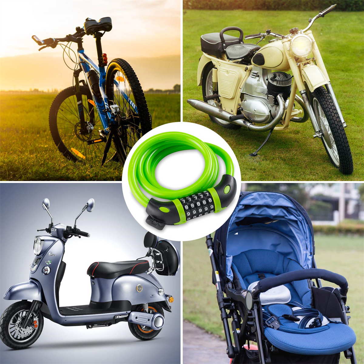 Eine Collage von Bildern, darunter Fahrräder, Roller, ein Motorrad und ein Zahlenschloss.