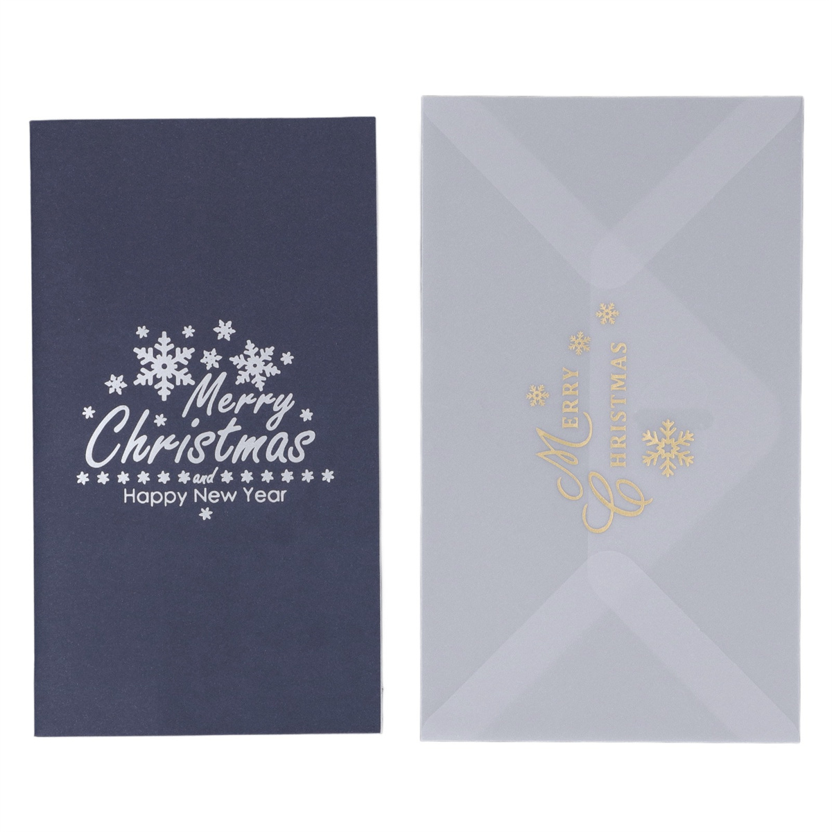 Zwei Weihnachtskarten, eine marineblaue, eine graue, mit Schneeflocken und Schriftzügen.