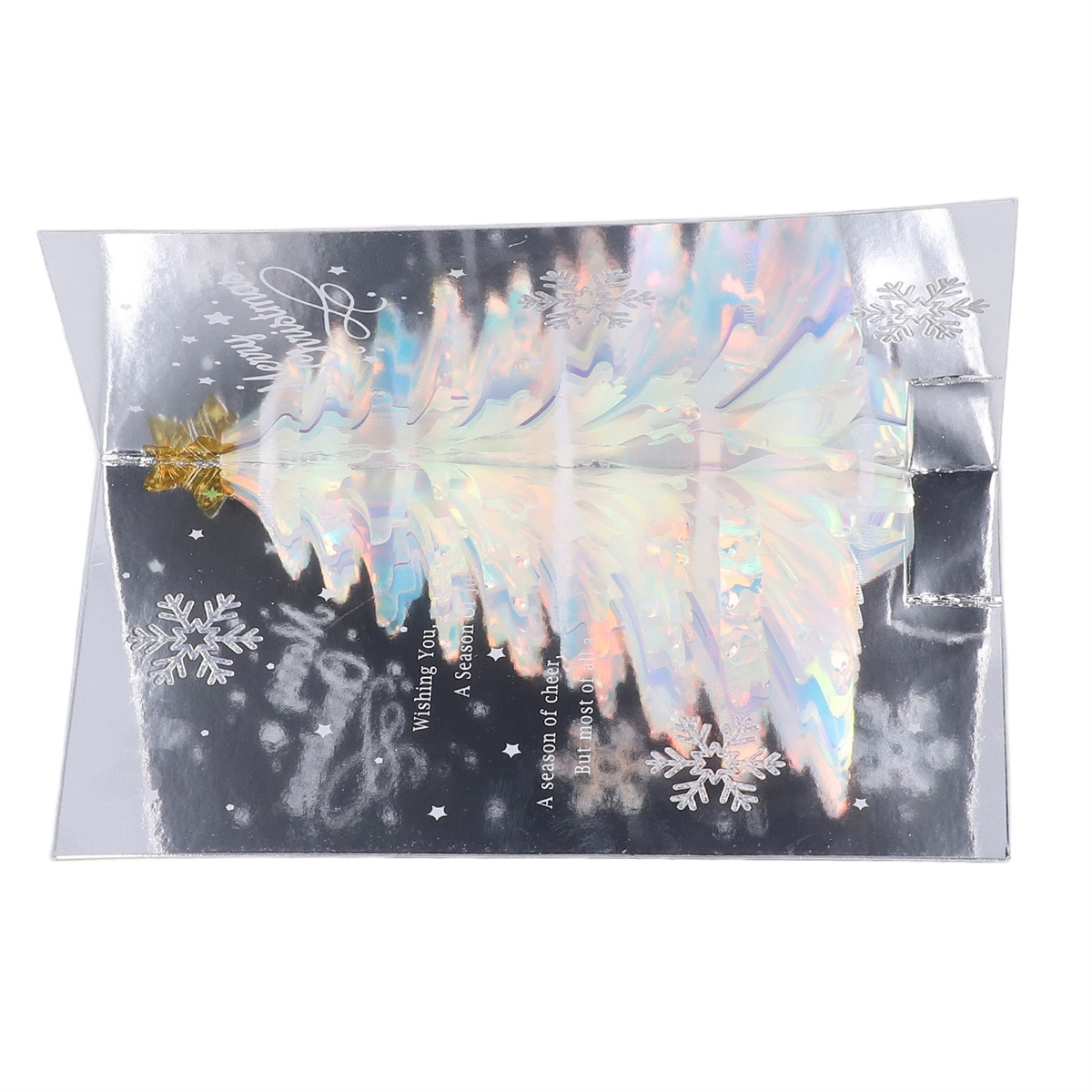 Silberne holografische Geschenktüte mit einem Weihnachtsbaum-Design und Text.