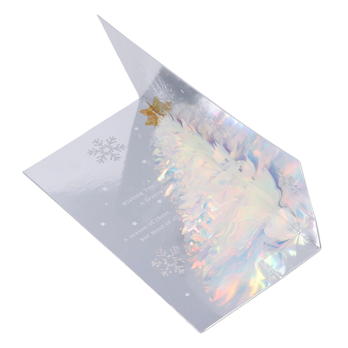 Eine offene, glitzernde Weihnachtskarte mit Tannenbaumdesign und Weihnachtsgrüßen.
