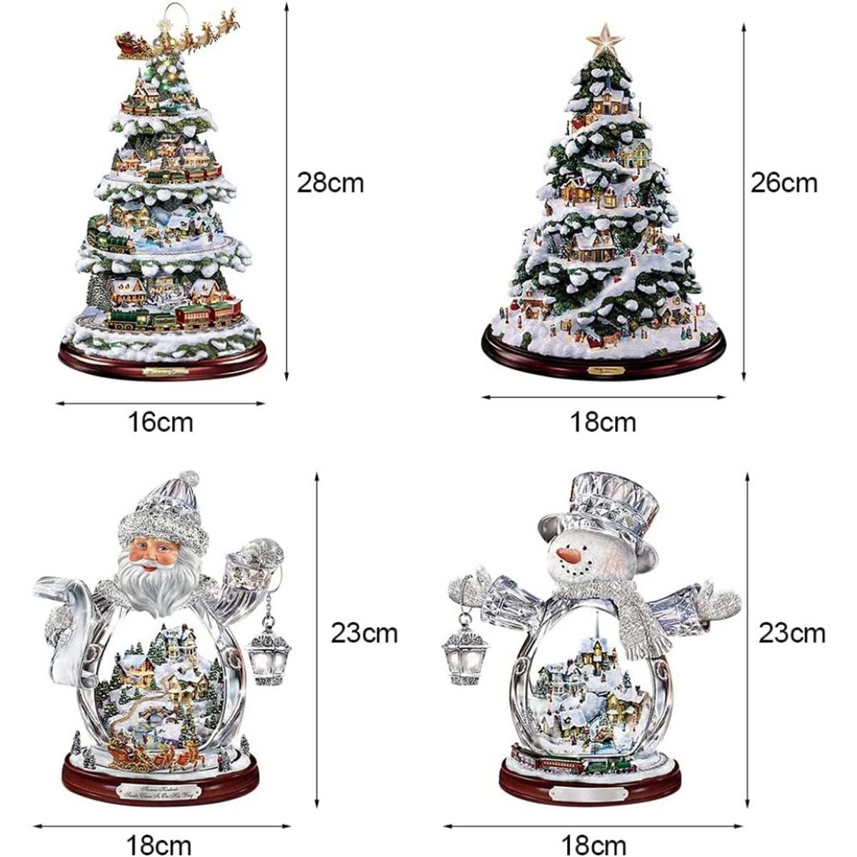 Vier Weihnachtsschneekugeln, jede mit einer anderen Szene, auf weißem Hintergrund.