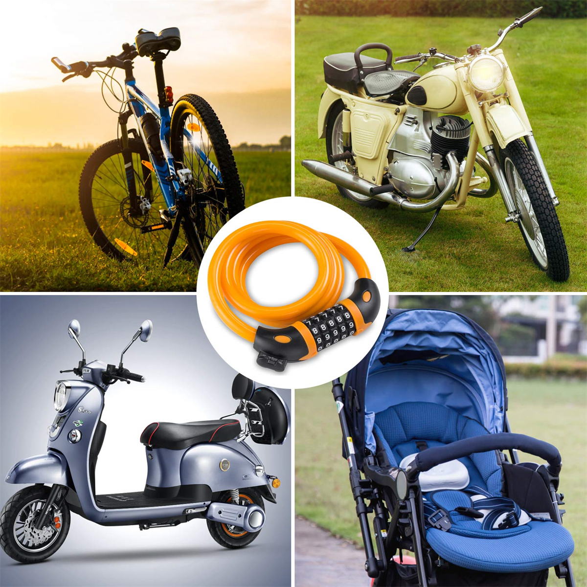 Collage von Fahrzeugen und Schloss. Enthält Fahrrad, Motorrad, Roller, Kinderwagen und Schloss.