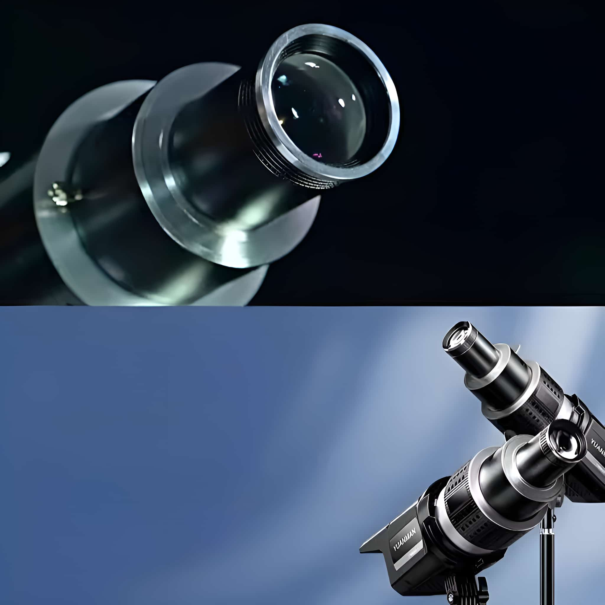 Nahaufnahme von Teleskoplinsen. Eines ist fokussiert. Zweites Bild zeigt zwei Teleskope vor blauem Himmel.