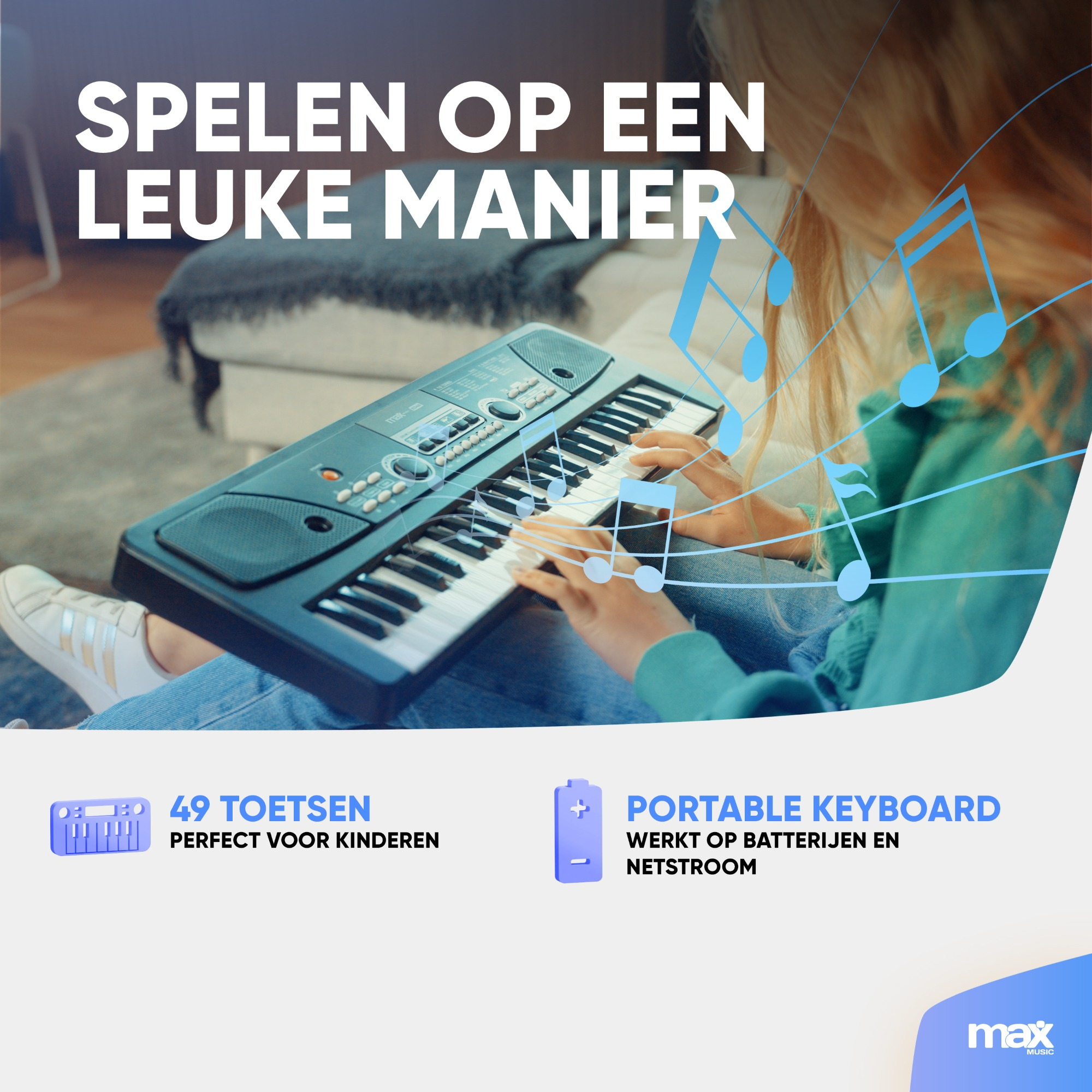 Una persona tocando un teclado de juguete con notas musicales alrededor.