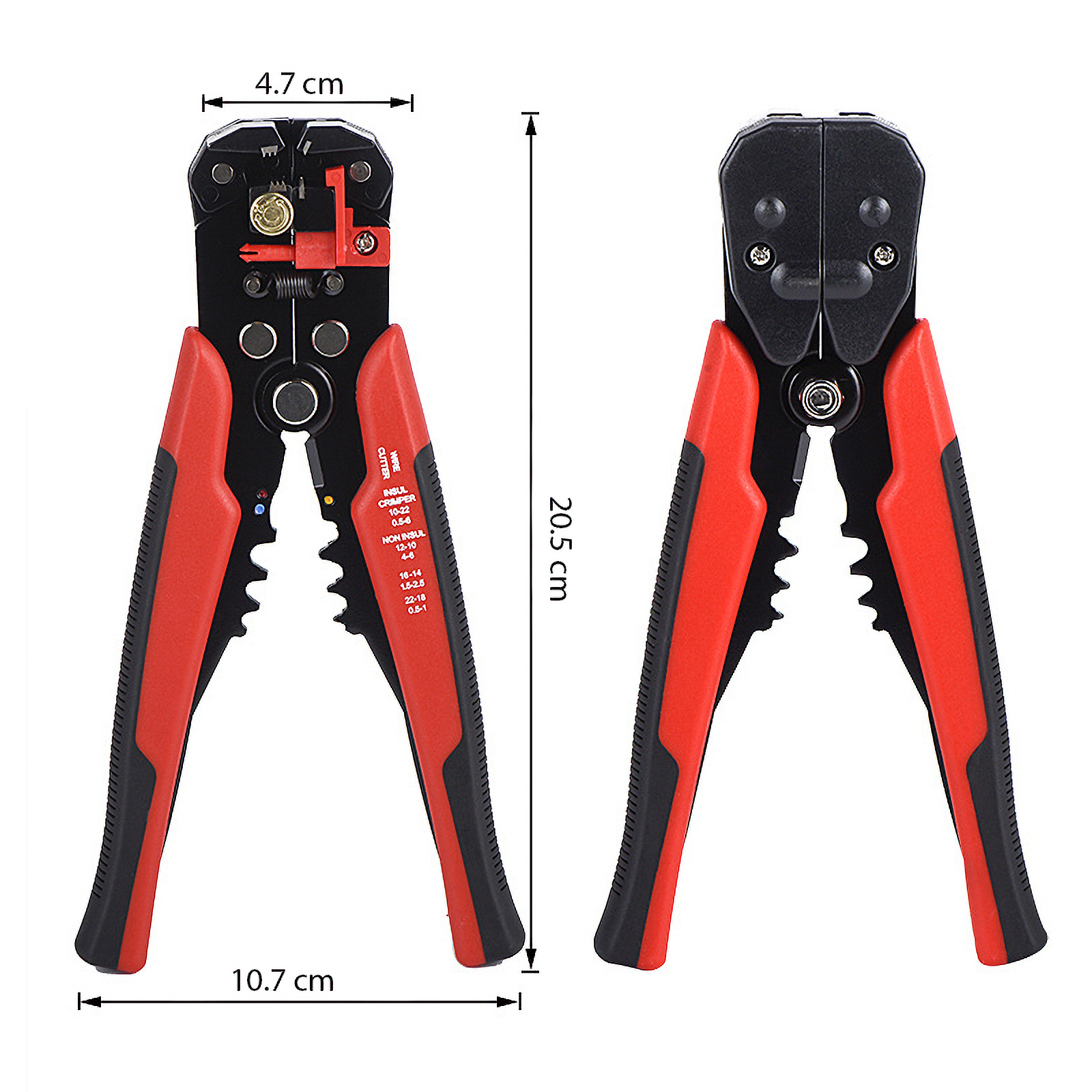 Abisolierzange, rot und schwarz. Abmessungen: 20,5 cm Länge, 10,7 cm Breite und 4,7 cm oben.