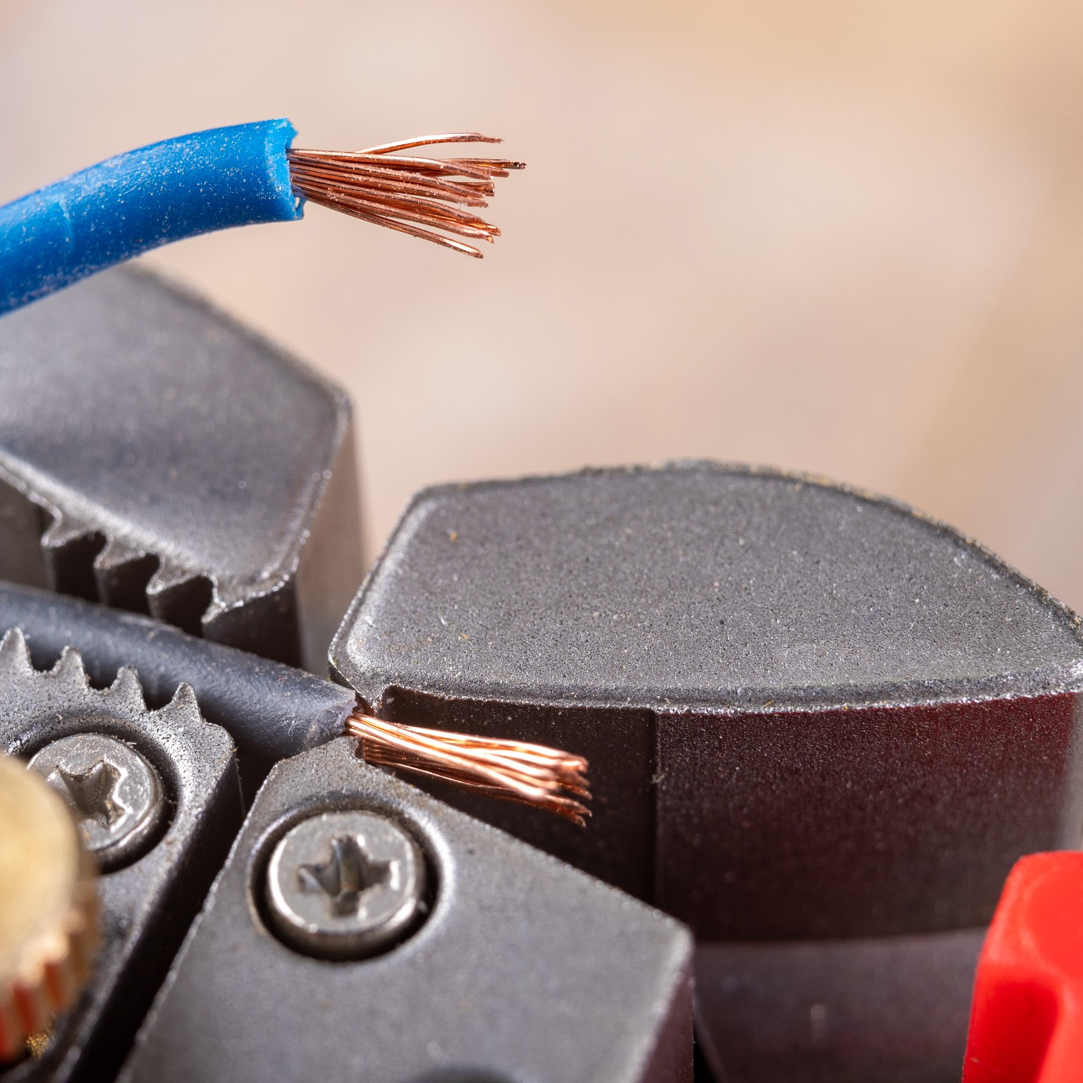 Ein blaues Kabel mit freiliegenden Kupferlitzen in der Nähe eines Werkzeugs, wobei das Werkzeug im Fokus steht.