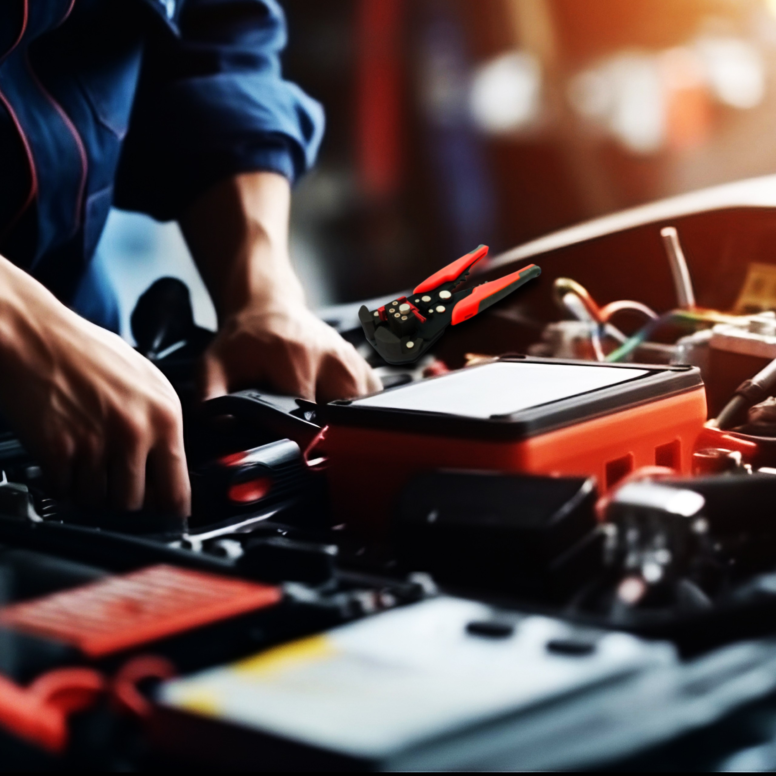 Eine Person im blauen Hemd verwendet ein rot-schwarzes Werkzeug an einem Automotor.