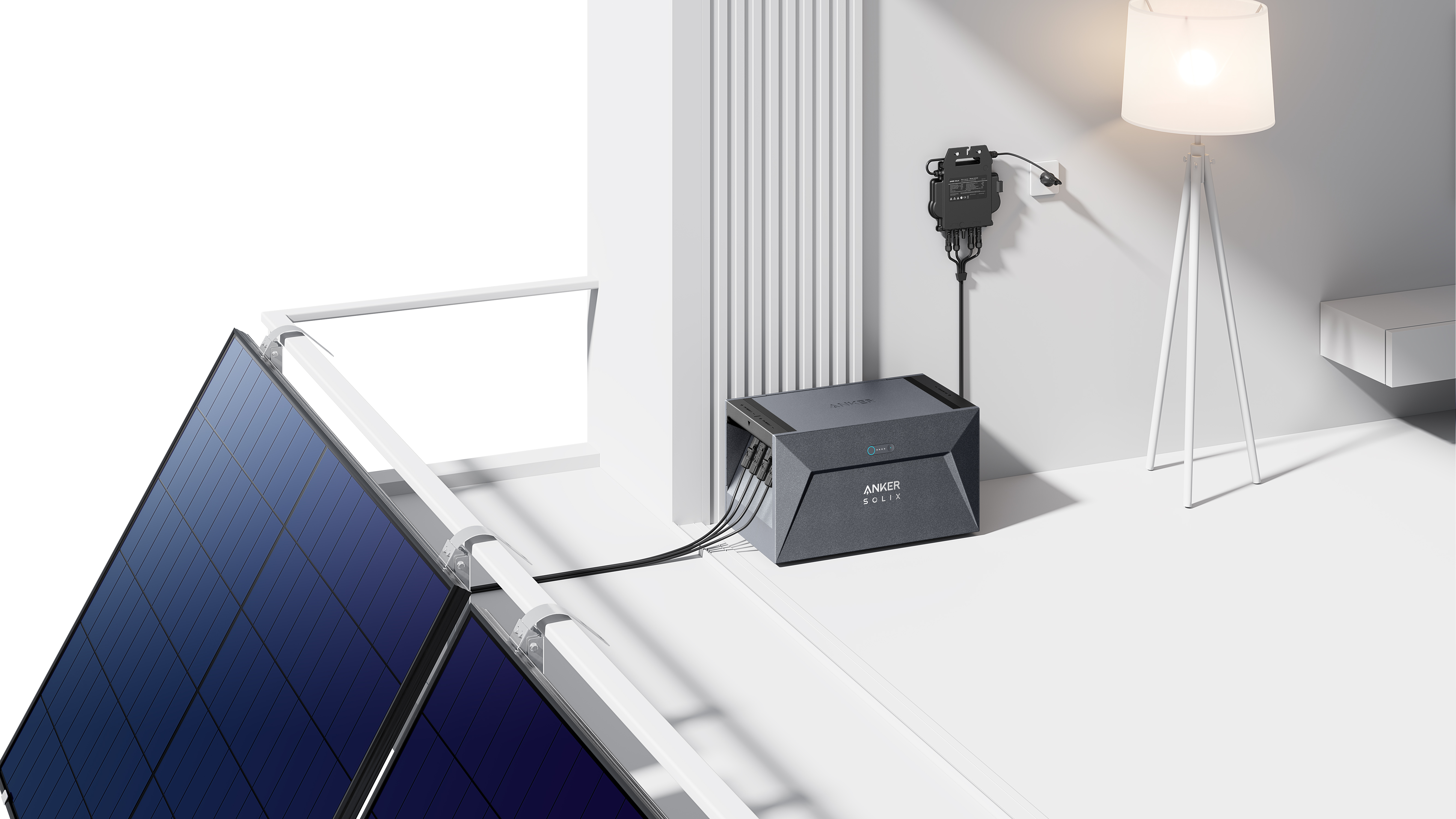 Konfiguracja paneli słonecznych z jednostką baterii i falownikiem, z przewodami i lampą w nowoczesnym pokoju.