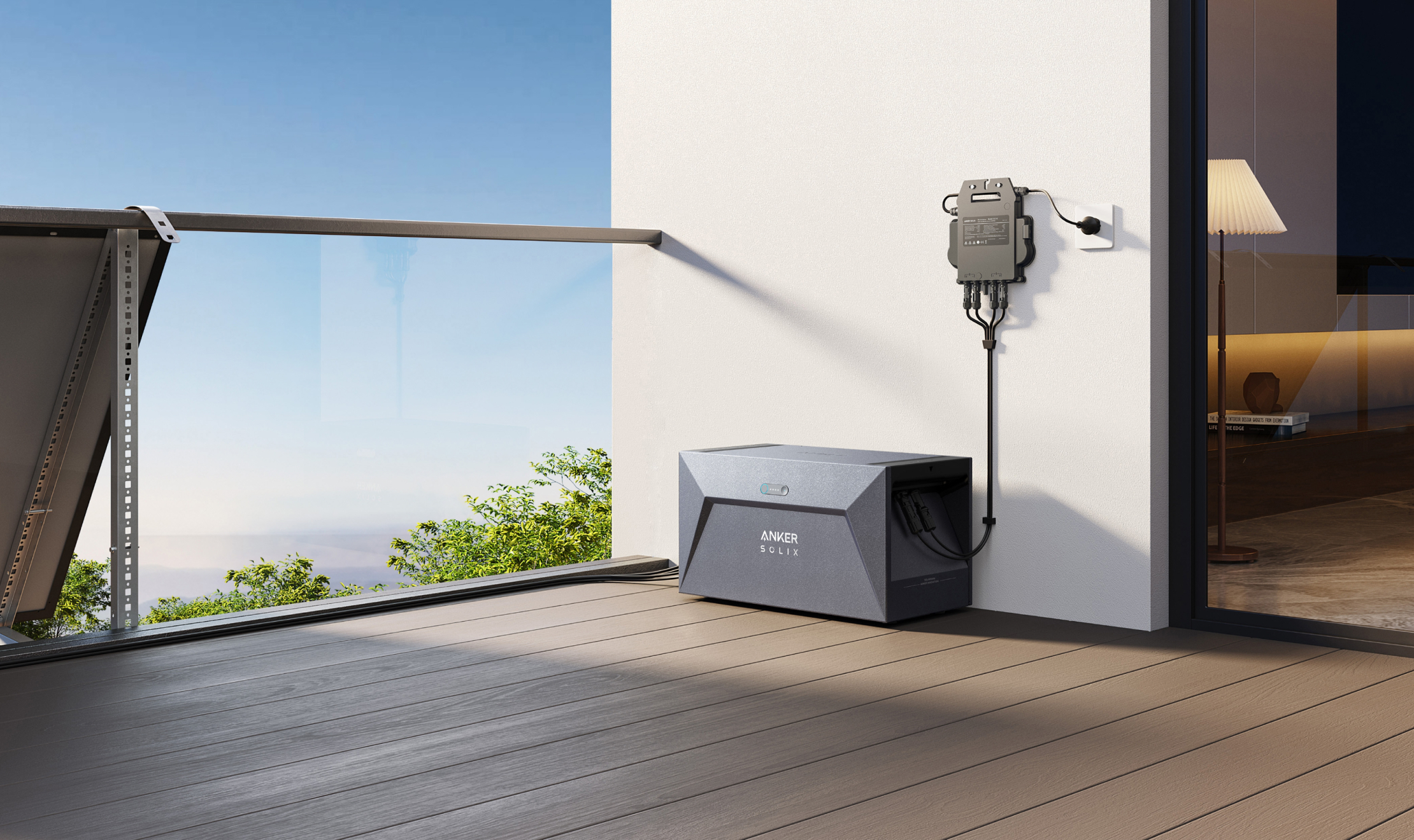 Czarno-szara elektrownia na drewnianym tarasie, podłączona do białej ściany z wtyczką.