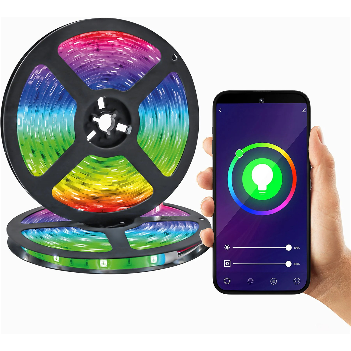 Eine Rolle LED-Leuchten und ein Smartphone. Das Telefon zeigt eine Glühbirne mit Farbsteuerung an.