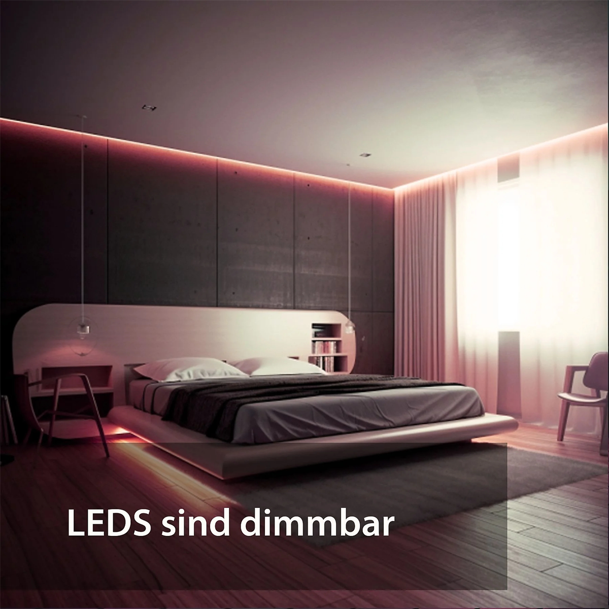 Modernes Schlafzimmer mit dimmbaren LED-Leuchten. Bett mit dunkler Decke und Fenster.