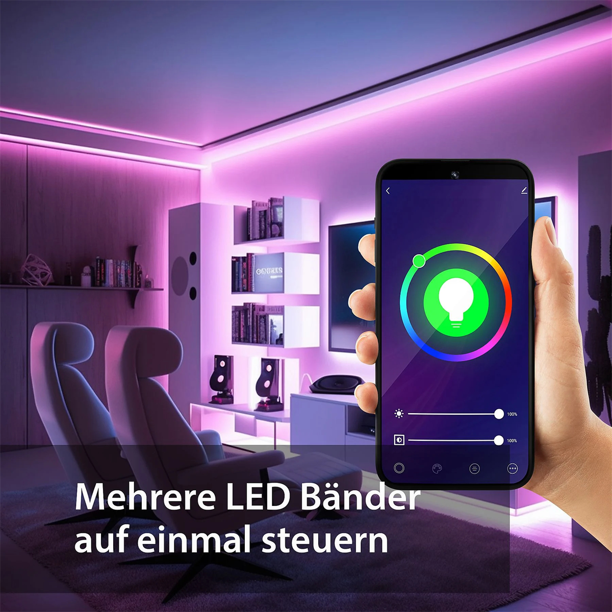 Eine Hand hält ein Telefon, das eine Farbsteuerung für LED-Streifen in einem Raum mit rosa Beleuchtung anzeigt.