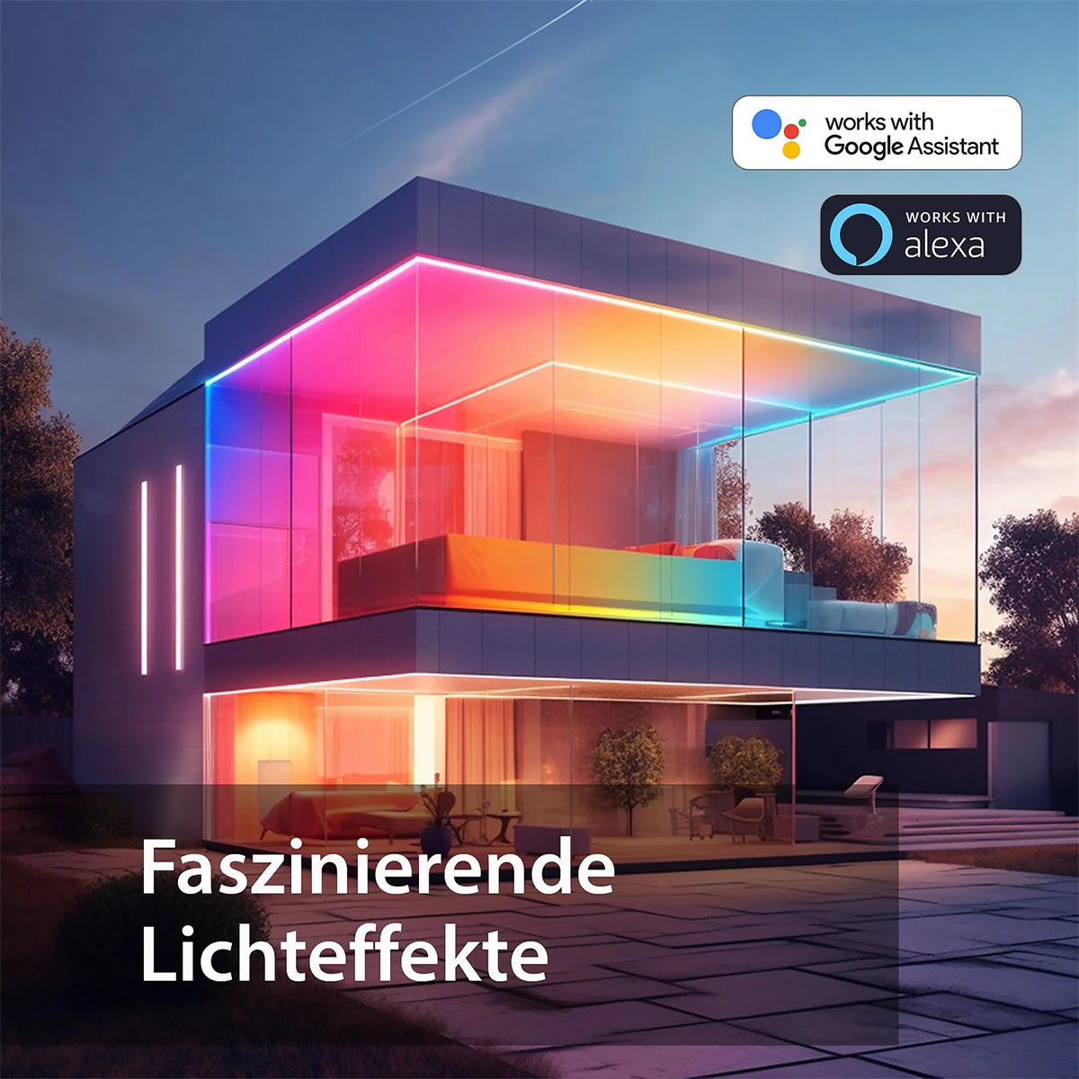 Ein modernes Haus mit bunten Lichtern. Der Text lautet 'Faszinierende Lichteffekte' über dem Haus.