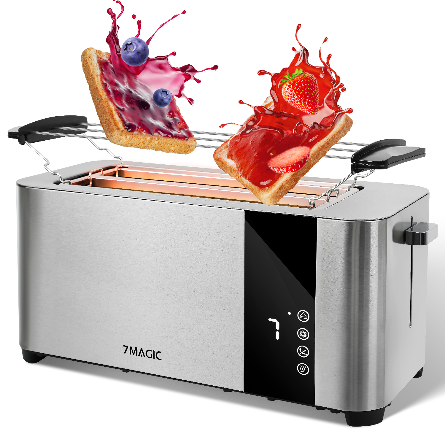 Silberner Toaster mit zwei Brotscheiben. Brot ist mit Gelee und Blaubeere oder Erdbeere belegt.