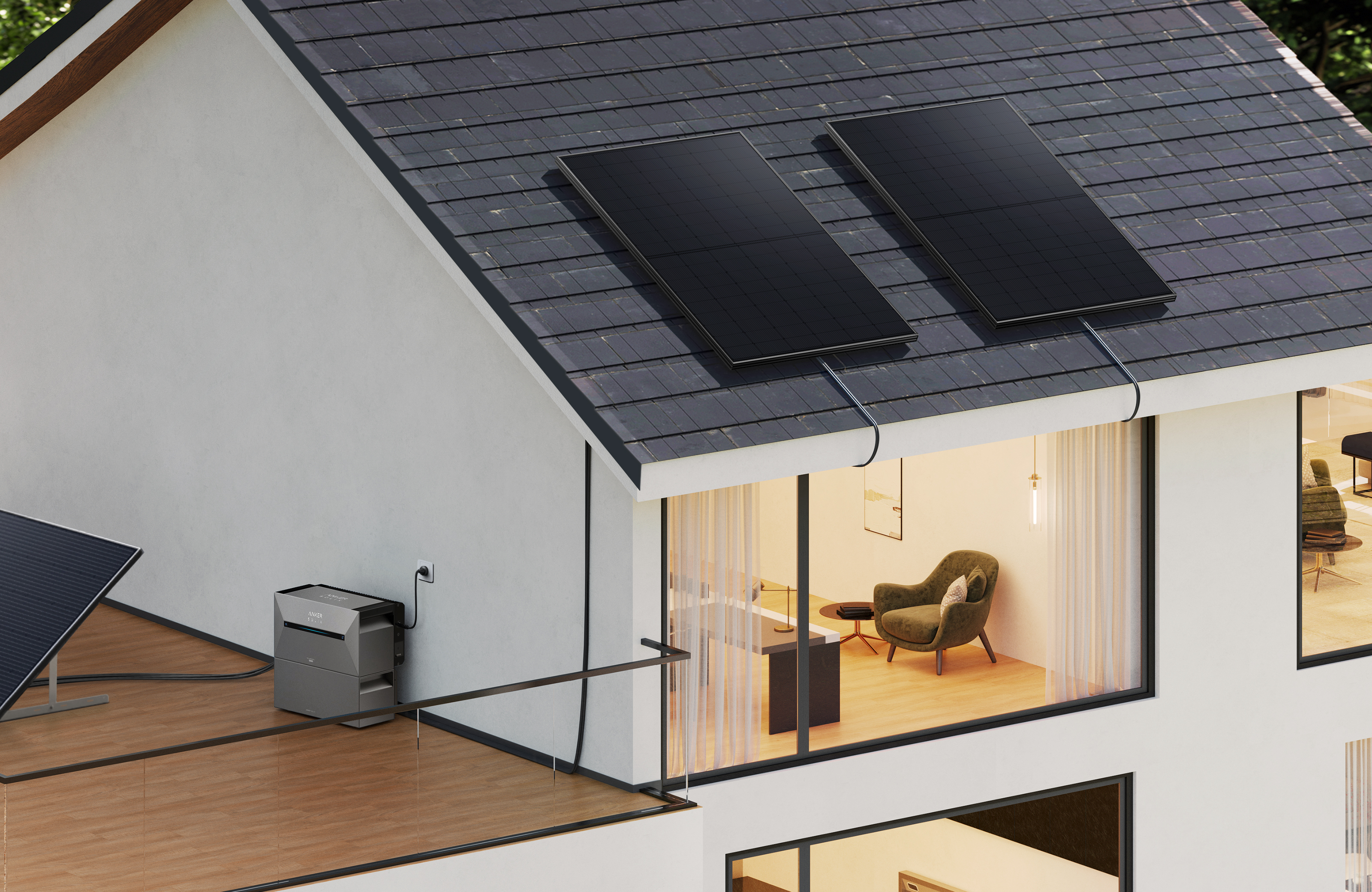 Nowoczesny dom z panelami słonecznymi na dachu. Okno pokazuje wnętrze z meblami. Szary generator na zewnątrz.