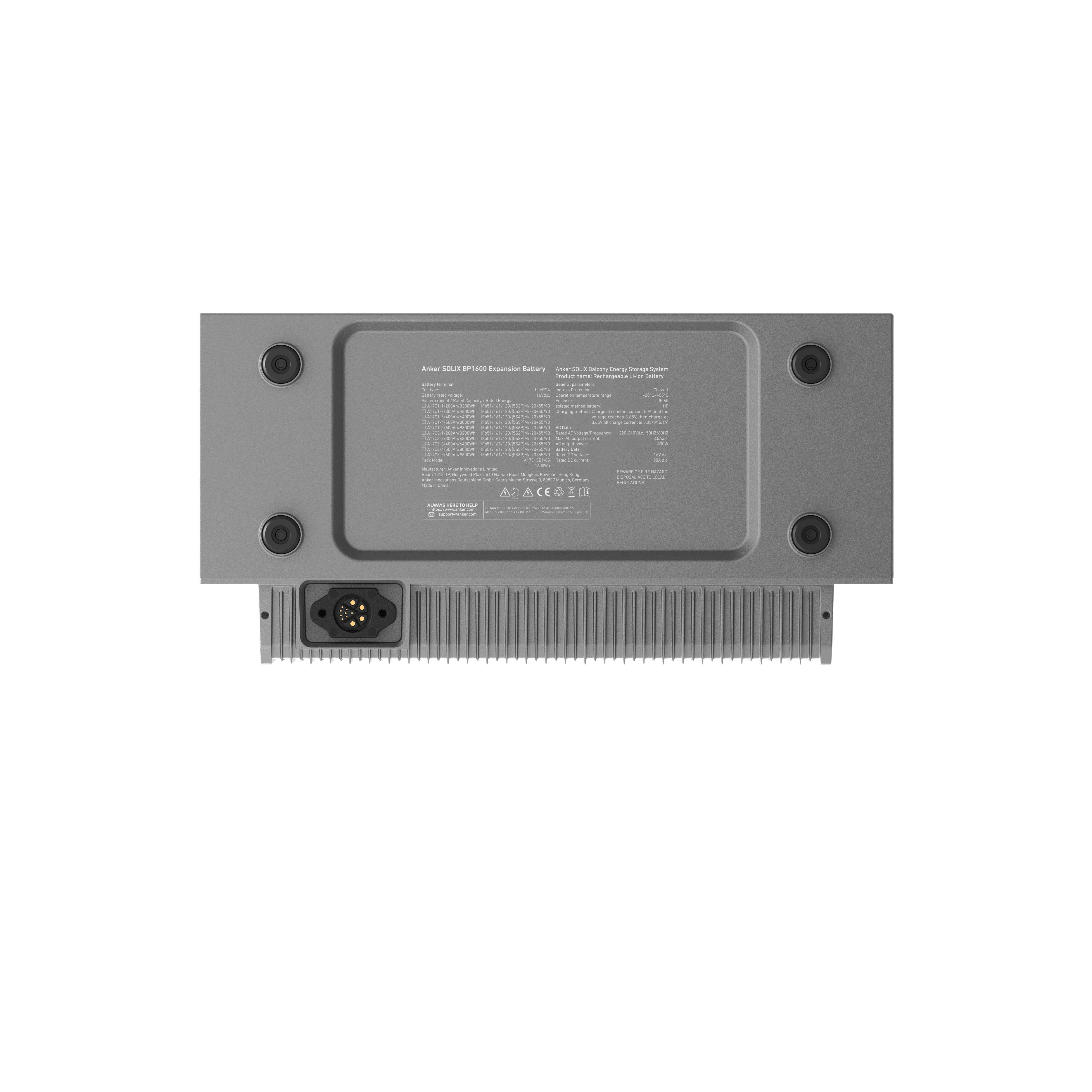 Szara bateria rozszerzająca Anker SOLIX BP1000, ze szczegółowymi specyfikacjami.