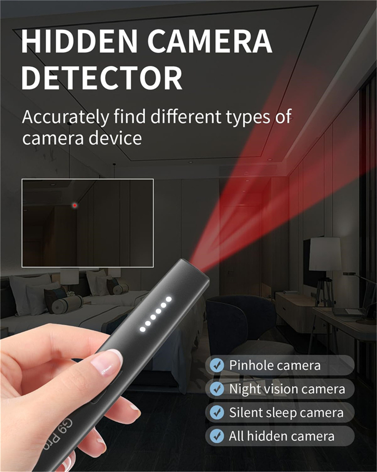 Eine Hand, die einen versteckten Kameradetektor hält, mit einem roten Laserstrahl, der auf einen Raum zeigt.