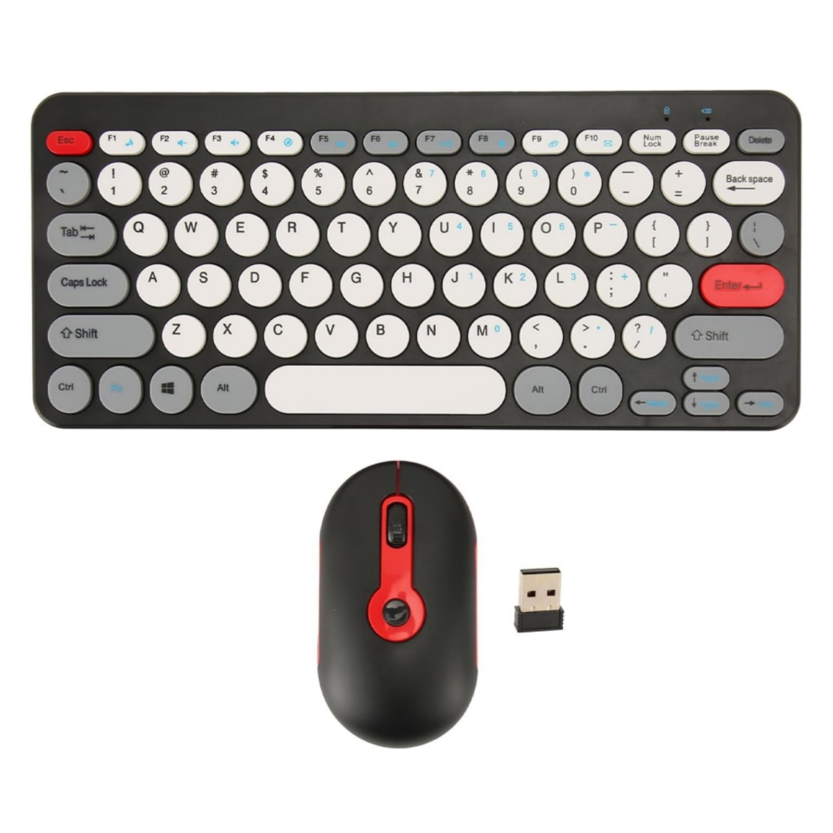 Ein schwarzes Tastatur-, Maus- und USB-Empfängerset. Die Tastatur hat rote und weiße Tasten.