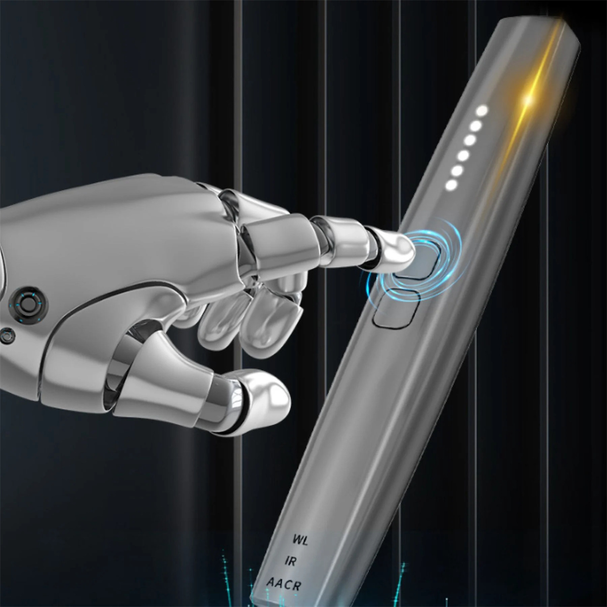 Ein Roboterarm drückt einen Knopf auf einem schlanken, silbernen Stift. Der Stift hat eine Reihe von Lichtern.
