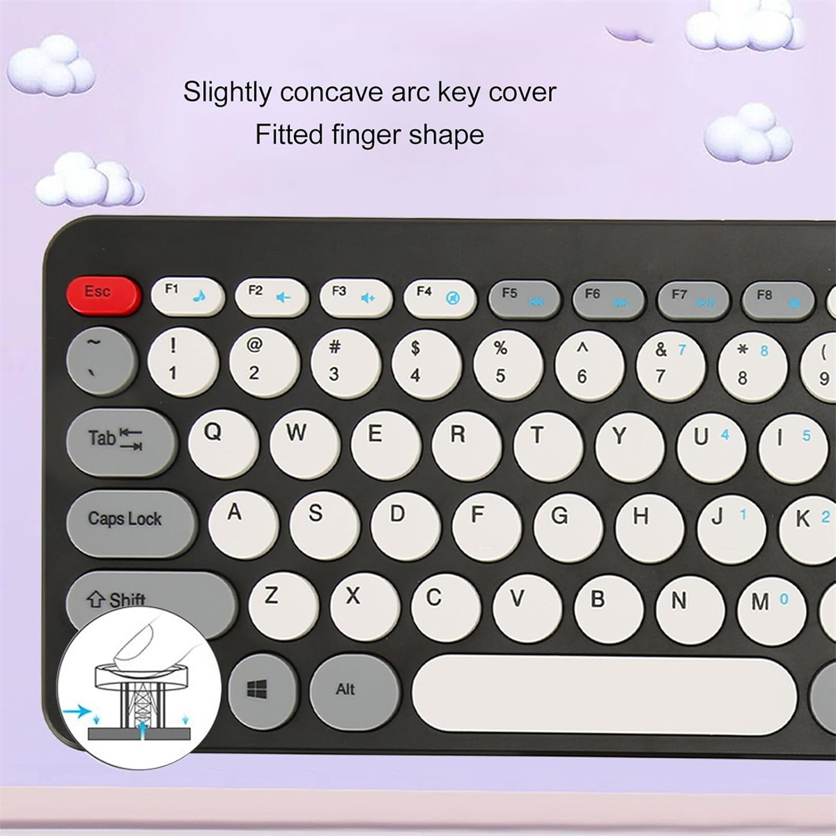 Schwarze Tastatur mit weißen Tasten. Rote Esc-Taste. Weiße Wolken im Hintergrund auf einer lila Oberfläche.