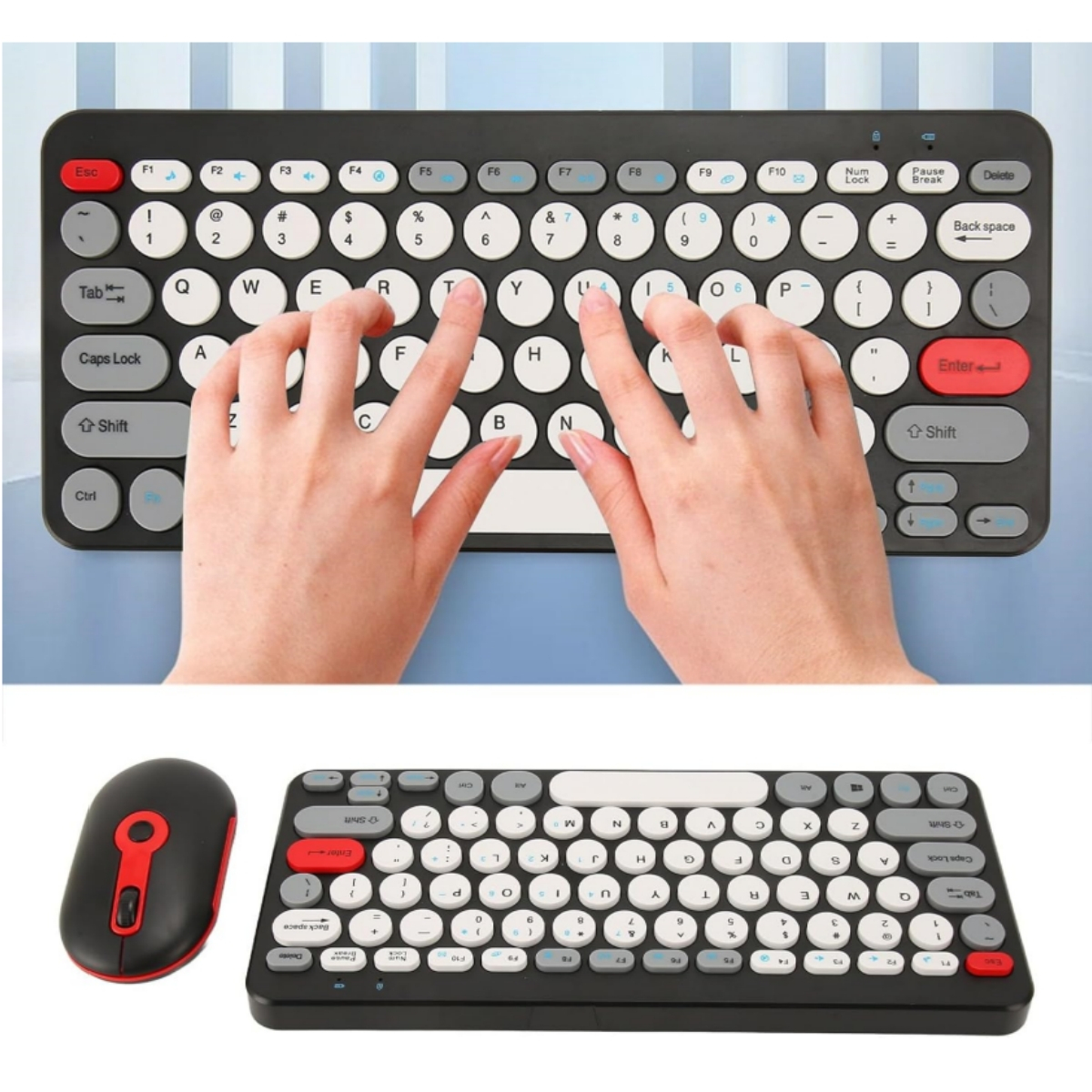 Eine Tastatur mit tippenden Händen, mit einer Maus und einer Tastatur auf weißer Oberfläche.